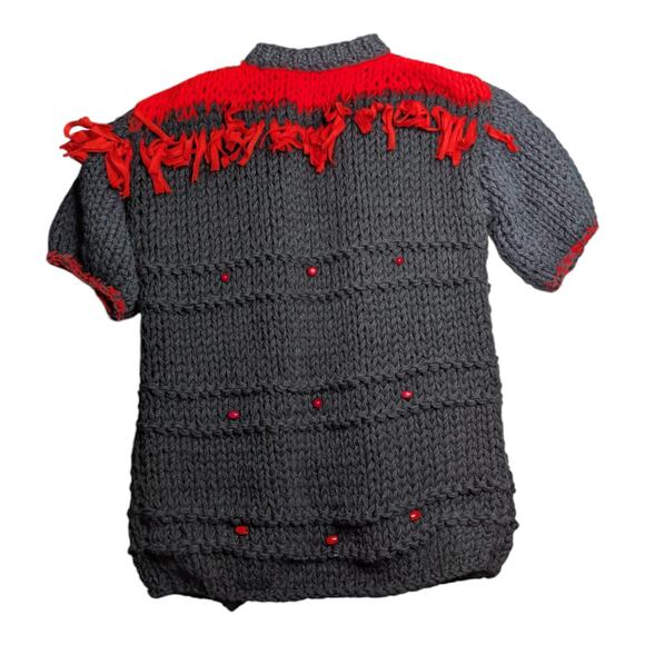 Vtg 1990s Black Red Handmade Fringe Trim Beaded Chunky Short Sleeve Cardigan L - Picture 2 of 3